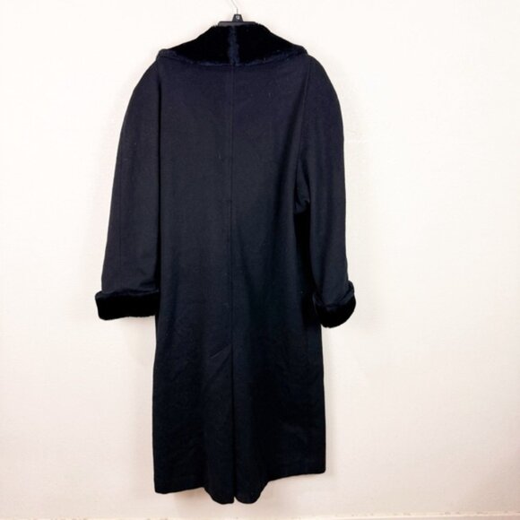Vintage 80s Peacoat Black Wool Faux Fur Long Coat Womans Large Double Breasted - Picture 5 of 6